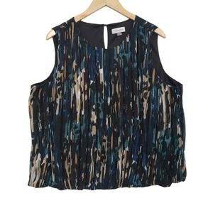 Calvin Klein Womens 1X Black Blue Abstract Print Sleeveless Pleated Top Artsy